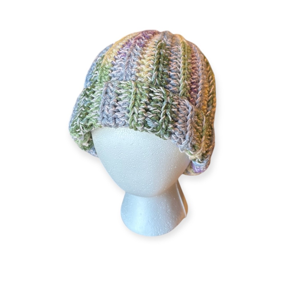 New Handmade Crochet Rib Beanie Fold over Hat Green Yellow Blue Purple Speckled - Picture 1 of 10